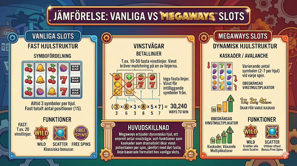 Jämförelse mellan vanliga slots och Megaways slots – fasta vinstlinjer vs dynamiska hjul, fler vinstvägar, funktioner som free spins och multiplikatorer i populära casino slot spel