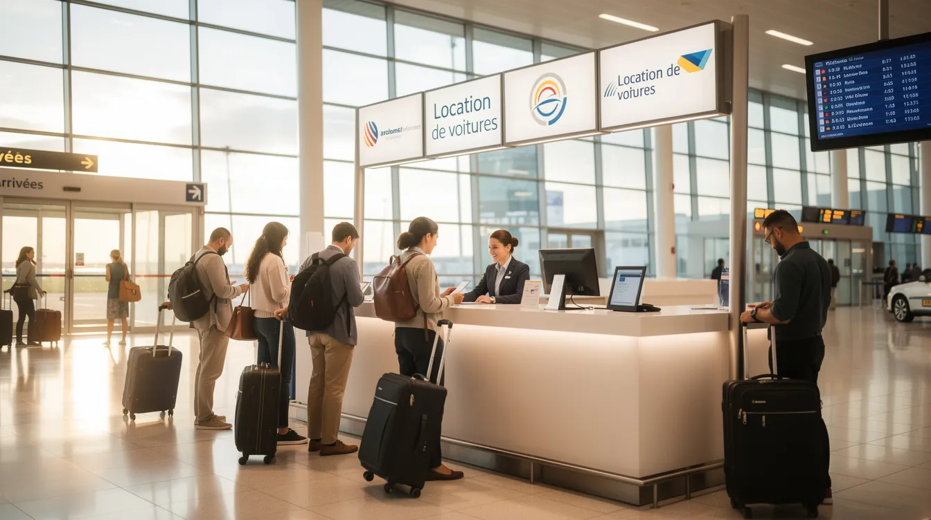 Un comptoir de location de voitures se trouve dans un aéroport moderne, où des voyageurs se renseignent sur les options de location à Casablanca. On peut voir des affiches avec des informations sur les véhicules disponibles, comme la Dacia Sandero et la Renault Clio, ainsi que des clients discutant avec le personnel de l'agence.