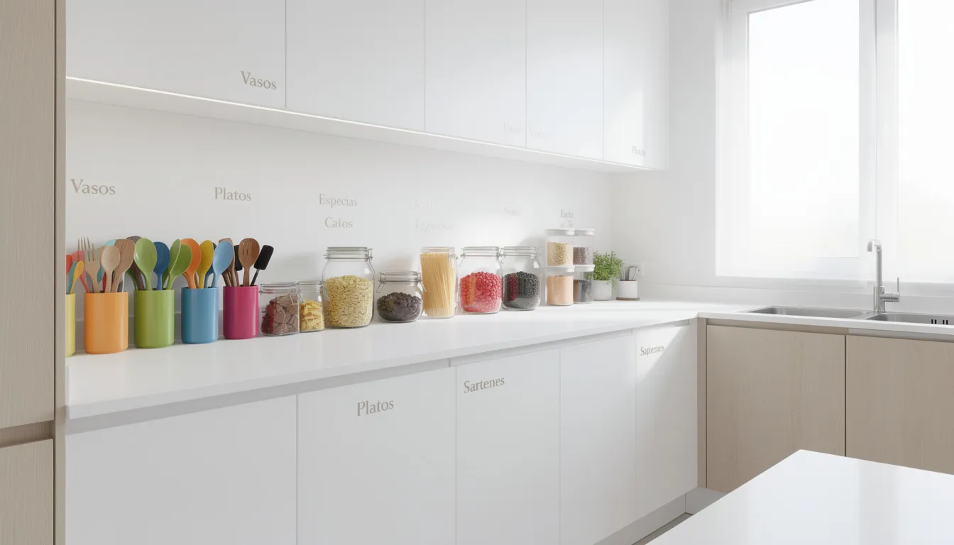 La imagen muestra una cocina moderna con encimeras limpias y utensilios organizados por colores, mientras que los gabinetes tienen etiquetas visibles que facilitan la identificación de los productos. Este espacio refleja una práctica ordenada y eficiente, ideal para la preparación de alimentos kosher.