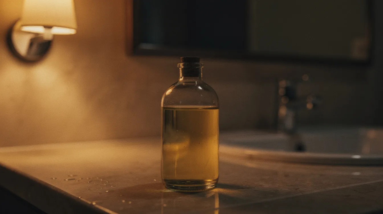 Glass body oil bottle on warm bathroom counter at night