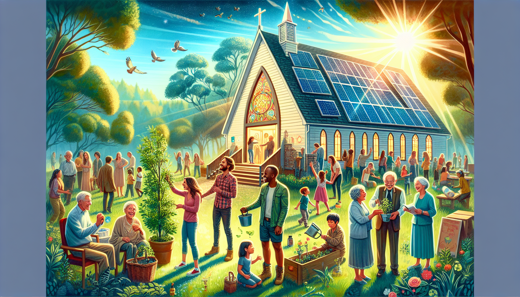 A drawing representing environmental stewardship and community leadership with solar energy.