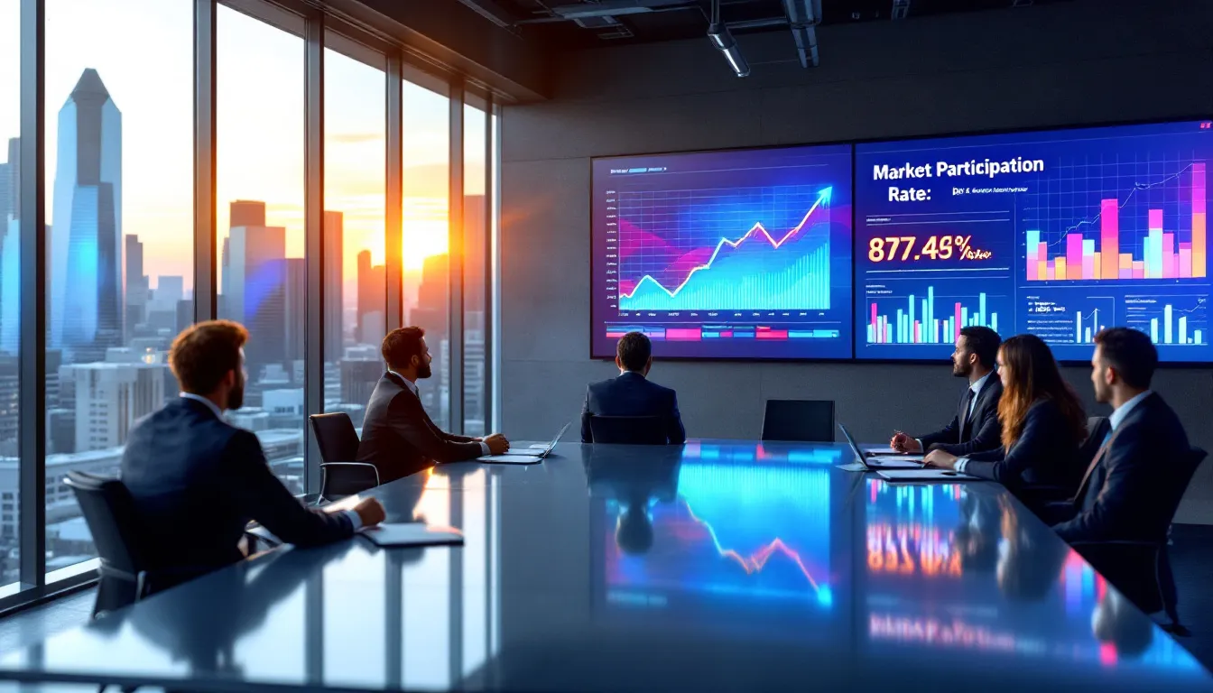 A group of traders discussing market participation and access strategies in a modern trading office.