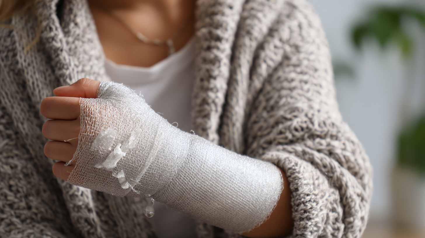 Se muestra a una mujer triste con un brazo roto y enyesado, lo que simboliza la angustia emocional que suelen afrontar las personas lesionadas en casos de lesiones personales. Esta imagen refleja el grave impacto negativo que las lesiones personales pueden tener en las personas, destacando la importancia de buscar una compensación por los gastos médicos y la pérdida de ingresos.
