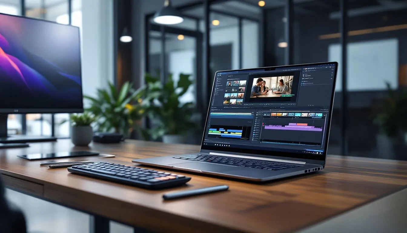 Les critères essentiels pour un PC portable de montage vidéo en entreprise, avec un ordinateur portable en arrière-plan.