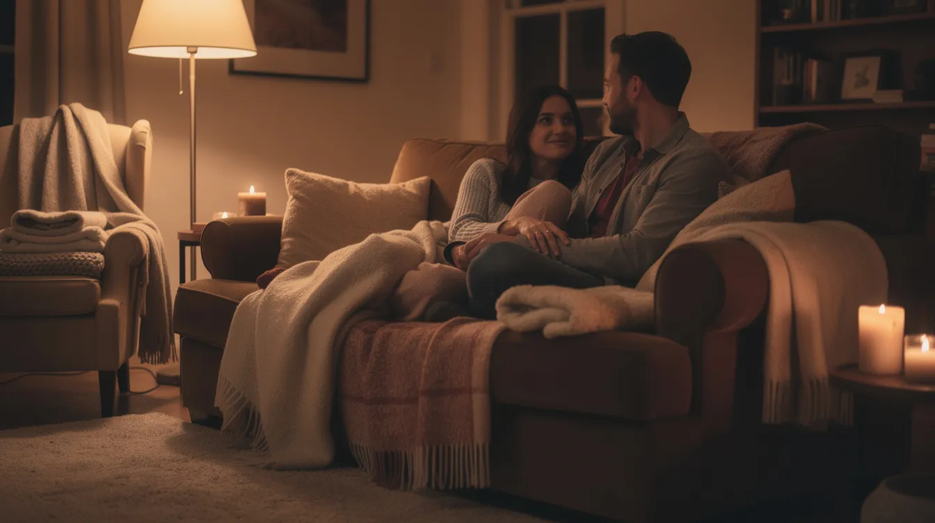 The image depicts two individuals sitting calmly in a dimly lit, comfortable room adorned with soft lighting and cozy blankets, creating a serene atmosphere for conversation and social support. This setting may evoke feelings of safety and tranquility, often sought after during challenging experiences related to psychoactive drugs or psychedelic studies.