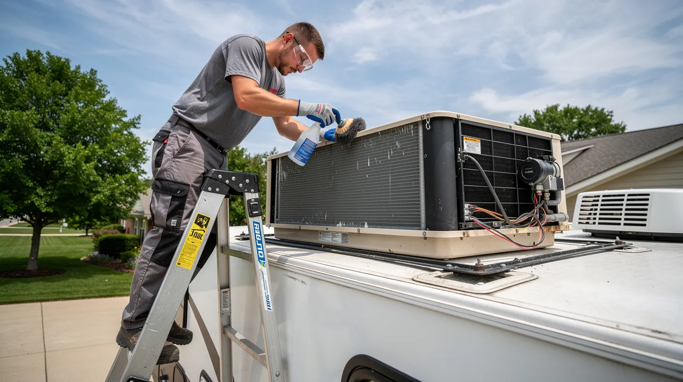 A person is standing on a ladder, carefully cleaning the condenser coils of a rooftop air conditioning unit on an RV. This regular maintenance is essential for ensuring the efficiency and cooling capacity of the RV air conditioner, providing cool air during warmer climates.