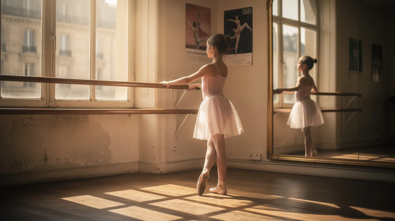 Een jonge ballerina staat in een Parijse dansstudio, omringd door grote spiegels en zacht ochtendlicht dat door de ramen valt. Haar houding straalt elegantie uit, terwijl ze zich voorbereidt op haar dansroutine, wat een gevoel van creativiteit en passie oproept, vergelijkbaar met de artistieke sfeer van "créa la femme".