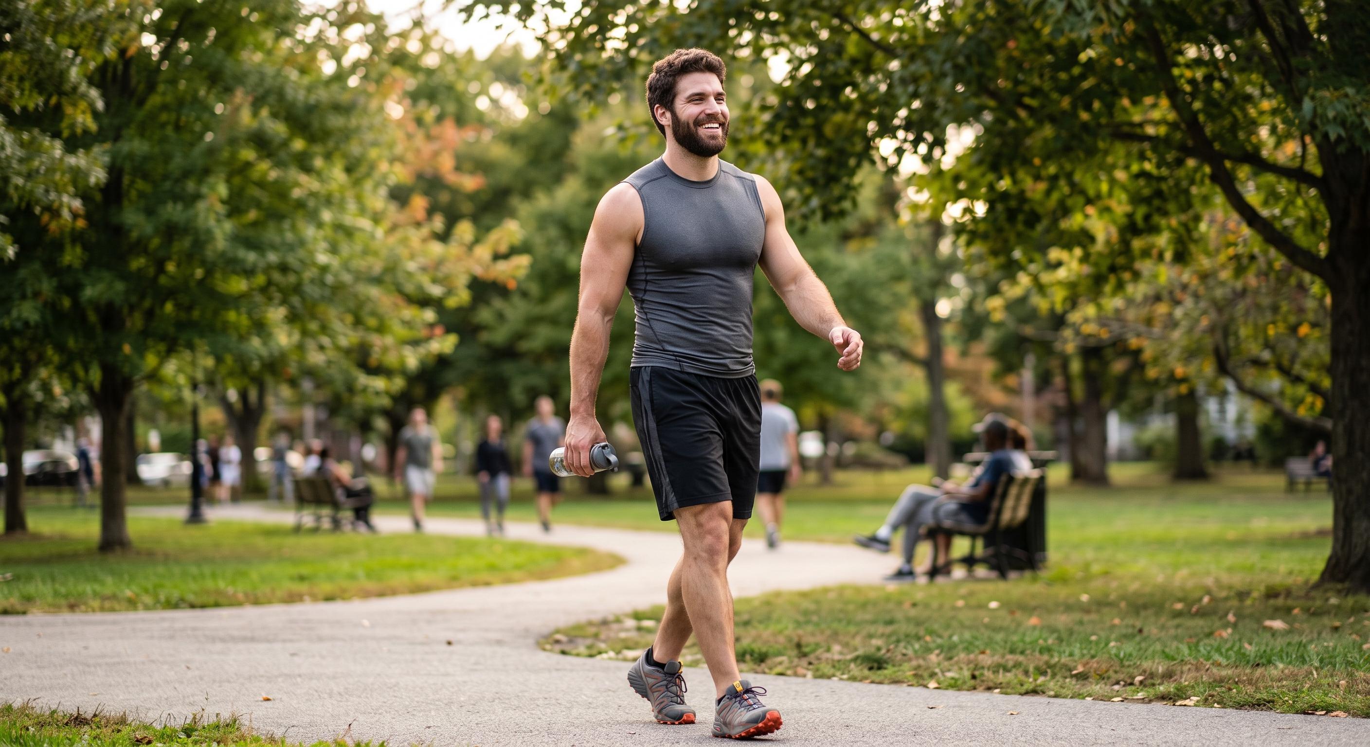 Muscular man walking in a park with a protein shake in his hand
