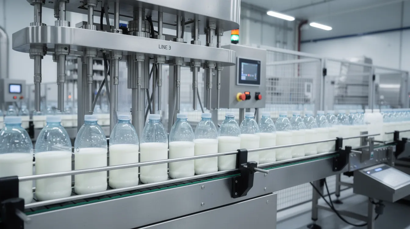 fc101583 edce 43d1 b65f 738c877b70c4 The image shows an automated dairy beverage bottling line where PET bottles are moving through a filling station, highlighting aseptic packaging technology used in the dairy industry. This efficient system ensures the production of shelf-stable products like flavored milk while maintaining food safety and extending shelf life.