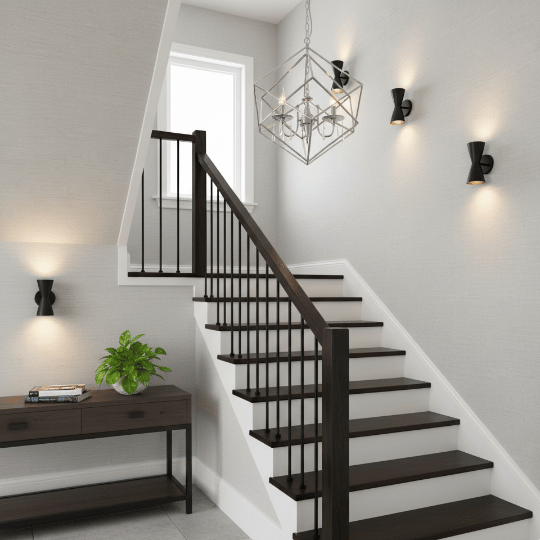 A geometric pendant chandelier hangs above a compact staircase, adding modern elegance and clear illumination to the small space. Wall sconces further brighten the area, creating a practical and stylish example of small staircase lighting ideas.