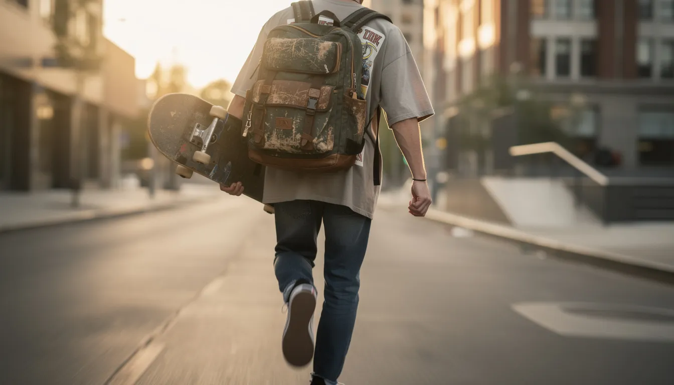 A skater is wearing a stylish backpack designed for carrying essentials like water bottles and gear, as they navigate the streets on their skateboard. The bag features a sleek design and is perfect for transporting small stuff while on the go.
