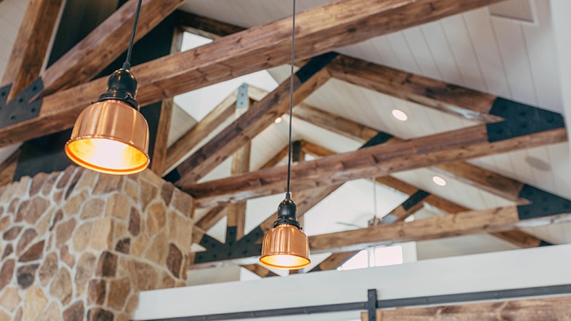 Pendant Lights hanging from the ceiling of a Restaurant