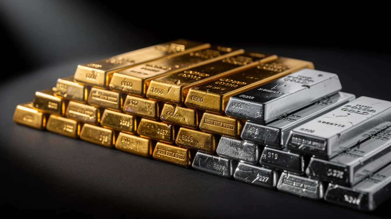 A neat stack of shiny gold and silver bullion bars is arranged on a dark surface, showcasing the gleaming surfaces of both gold bars and silver bars, which symbolize valuable investment assets in the precious metals market. The contrast of the bright metals against the dark background highlights their quality and appeal to private investors and collectors.