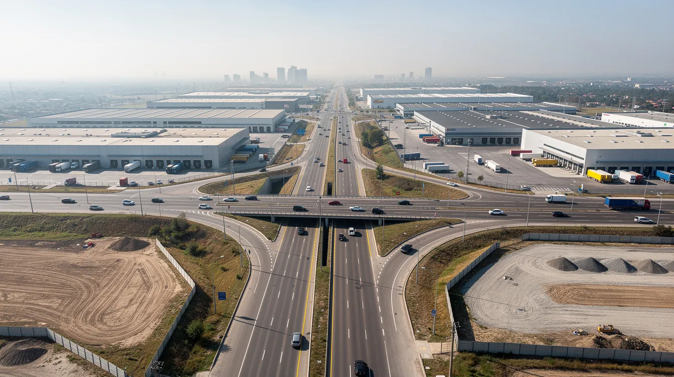 A wide-angle view of a highway interchange showcases industrial buildings and cleared construction pads alongside the road, highlighting ongoing construction activity that plays a significant role in economic growth and the broader economy. The image reflects the development efforts within the construction sector, emphasizing the demand for infrastructure and upcoming projects in the region.