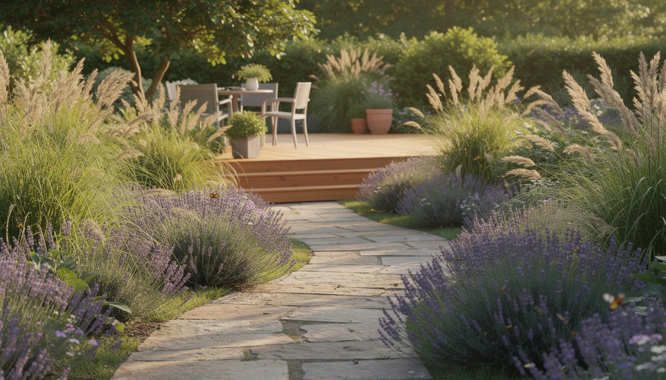 A serene garden pathway, lined with tall ornamental grasses and fragrant lavender plants, leads to a small wooden deck area, ideal for a backyard wellness retreat. This outdoor space offers a peaceful atmosphere for relaxation and rejuvenation, surrounded by nature's soothing sounds.