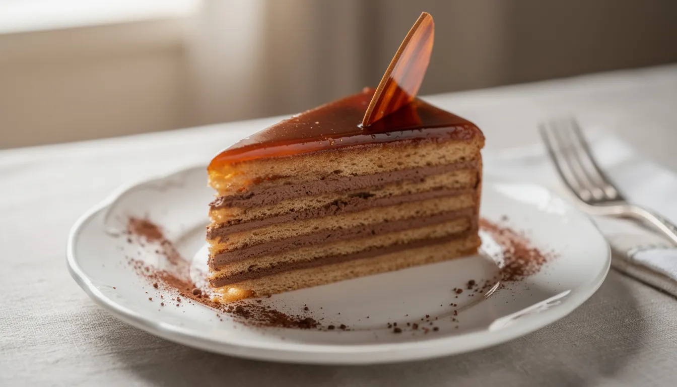 The image features an elegant slice of Dobos torta, a traditional Hungarian dessert, showcasing its multiple layers of sponge cake and a glossy caramel top. This iconic cake, known for its rich chocolate buttercream filling, represents the exquisite craftsmanship of Hungarian cuisine.