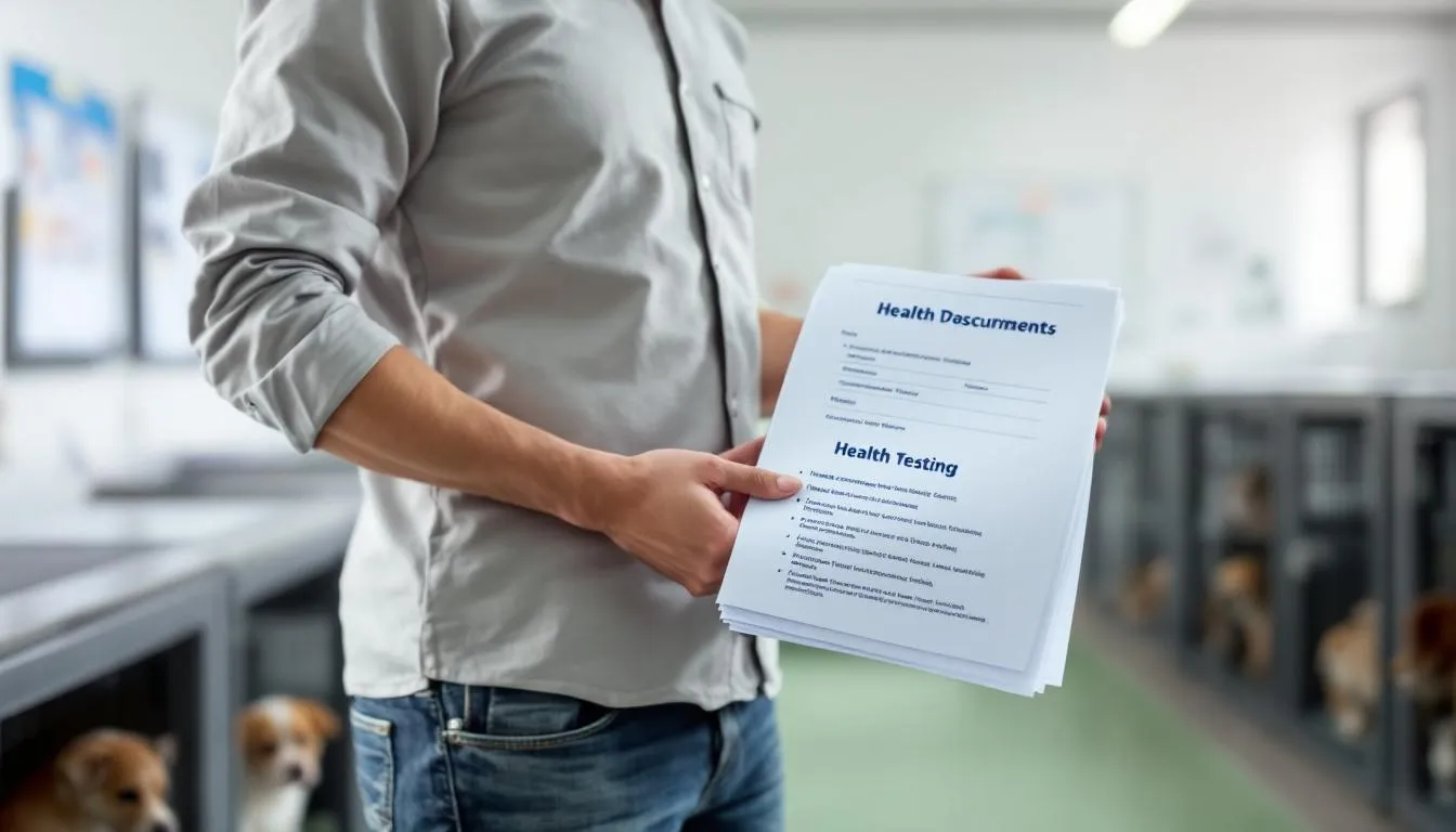 In the image, a professional breeder is presenting health testing documents to potential puppy buyers, emphasizing responsible breeding practices for their upcoming litters of goldendoodle puppies. The breeder showcases the importance of health checks to ensure the affectionate nature and well-being of these highly trainable, hypoallergenic companions.