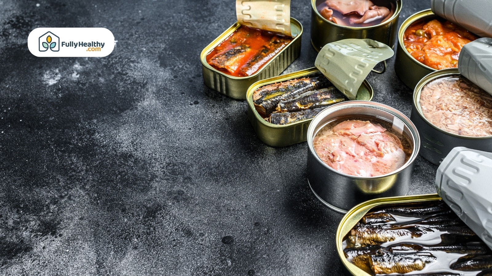 Various canned fish including tuna and sardines on dark surface