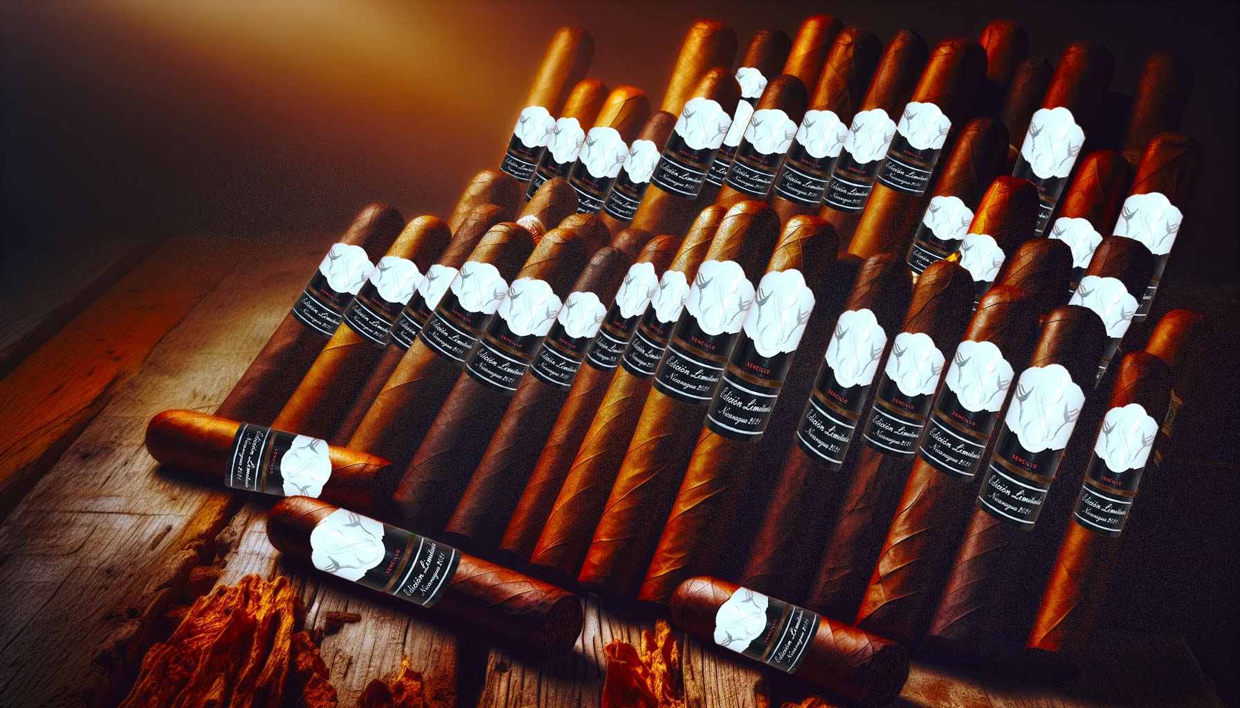 An illustration of various Sencillo Black cigars displayed on a wooden table, emphasizing their unique shapes and colors.