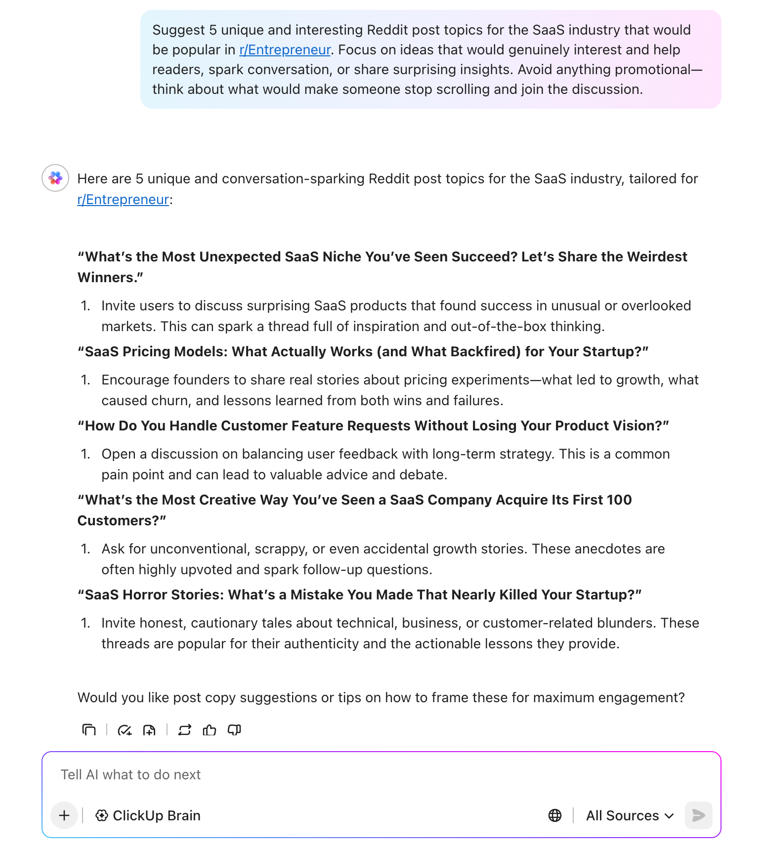 Verwenden Sie ClickUp Brain, um hilfreiche Inhalte für Reddit zu erstellen