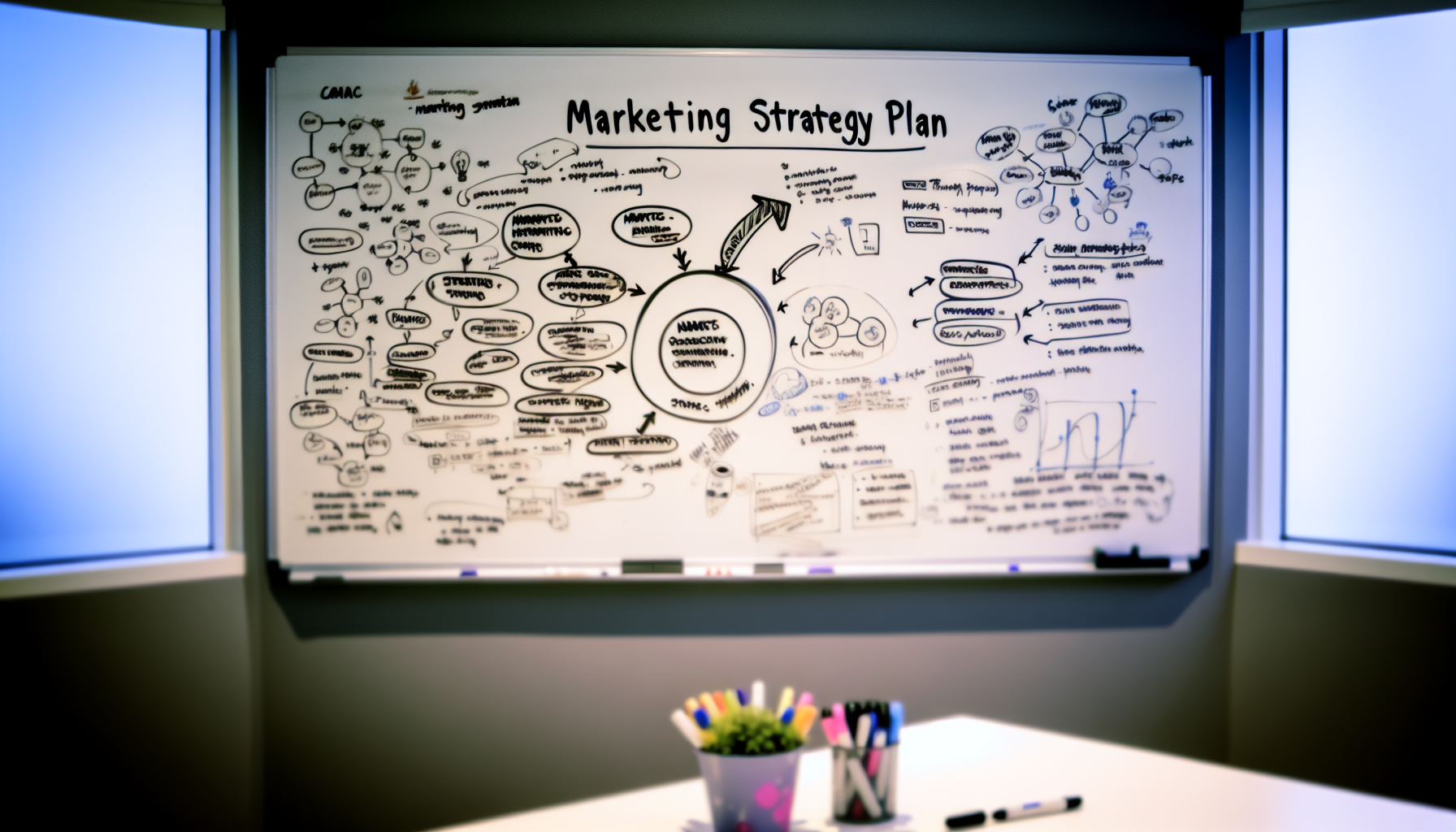 Een whiteboard met daarop een marketingstrategieplan geschreven, omgeven door brainstormnotities en ideeën.
