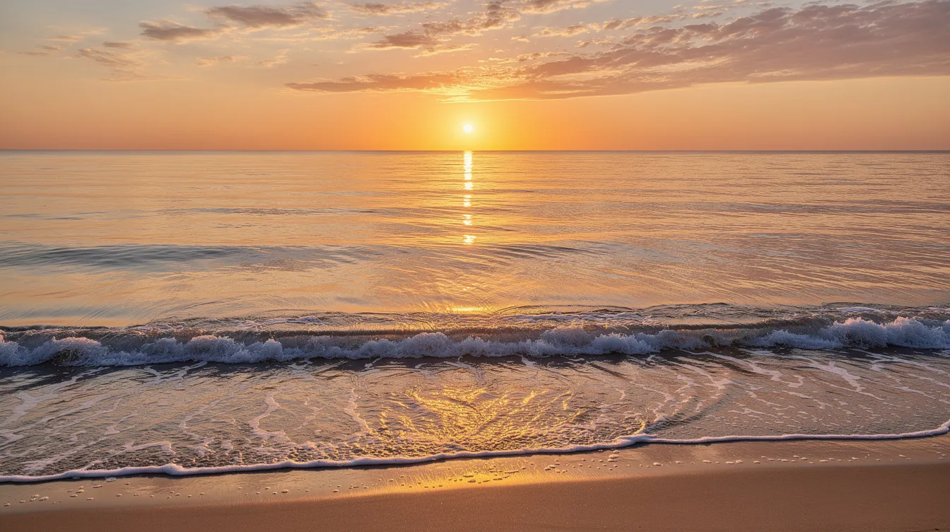 A golden sunrise casts a warm glow over the ocean, as gentle waves break softly on the shore, creating a serene atmosphere that invites reflection and promotes mental health. The beauty of this scene expresses surprise at nature's splendid party, awakening a sense of peace and identity within the viewer.