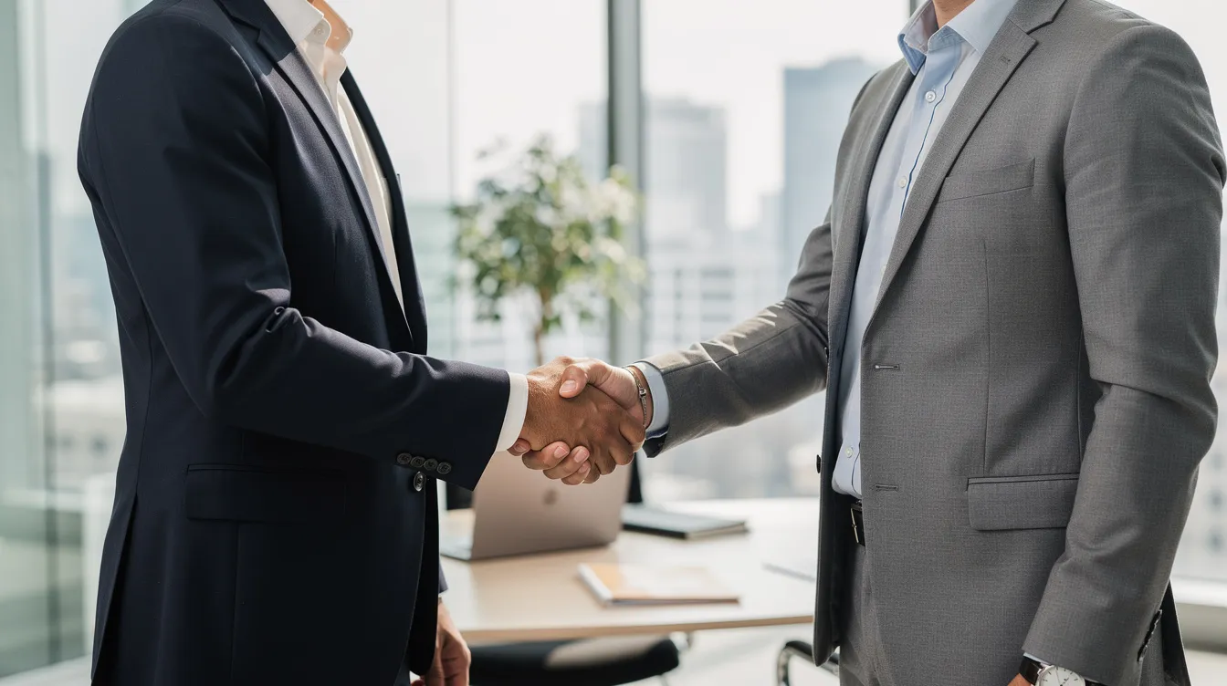 In a professional office setting, two individuals engage in a firm handshake, symbolizing a business agreement or partnership, possibly related to general contractors or construction projects. The atmosphere conveys professionalism and trust, essential for licensed contractors navigating licensing requirements and insurance considerations in the construction industry.