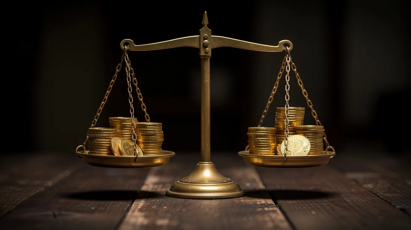 The image depicts a set of gold coins delicately balanced on a scale, symbolizing the careful decision-making involved in precious metals investing. This visual representation highlights the importance of selecting the right gold IRA company for securing a retirement portfolio with physical gold and other precious metals.