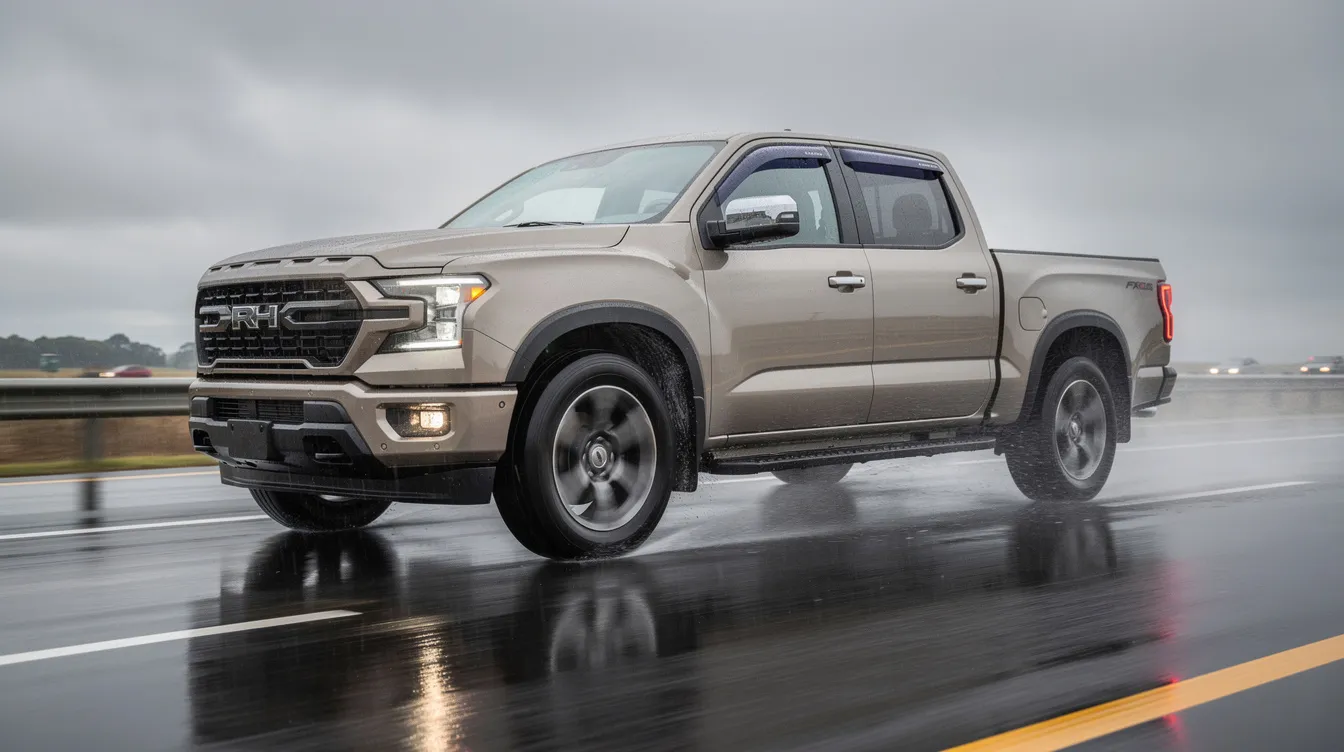 A pickup truck is driving on a wet highway, showcasing smoke-tinted side window deflectors that help protect the interior from rain and excessive wind. The vehicle's sleek design is complemented by the installed window rain guards, enhancing both functionality and style.