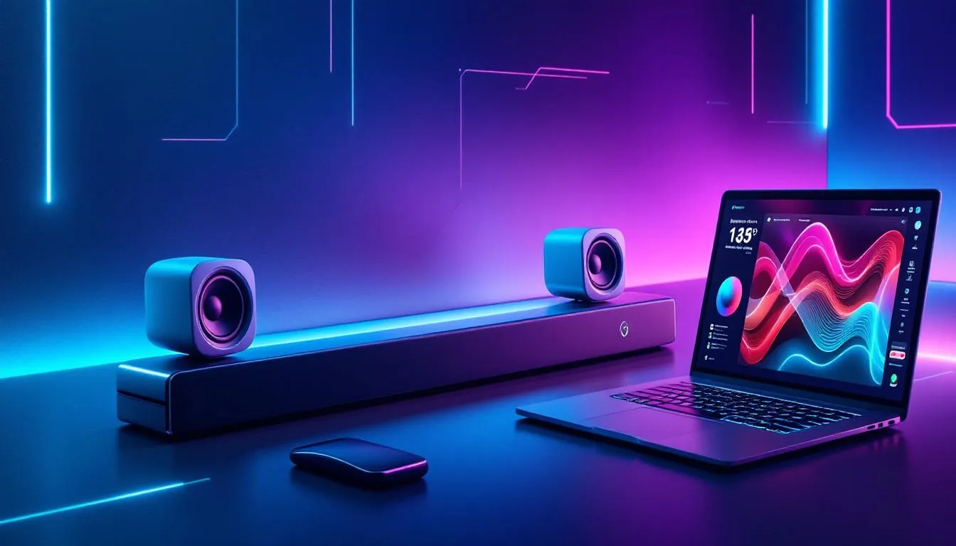 Une barre de son et des enceintes actives connect&eacute;es &agrave; un ordinateur.