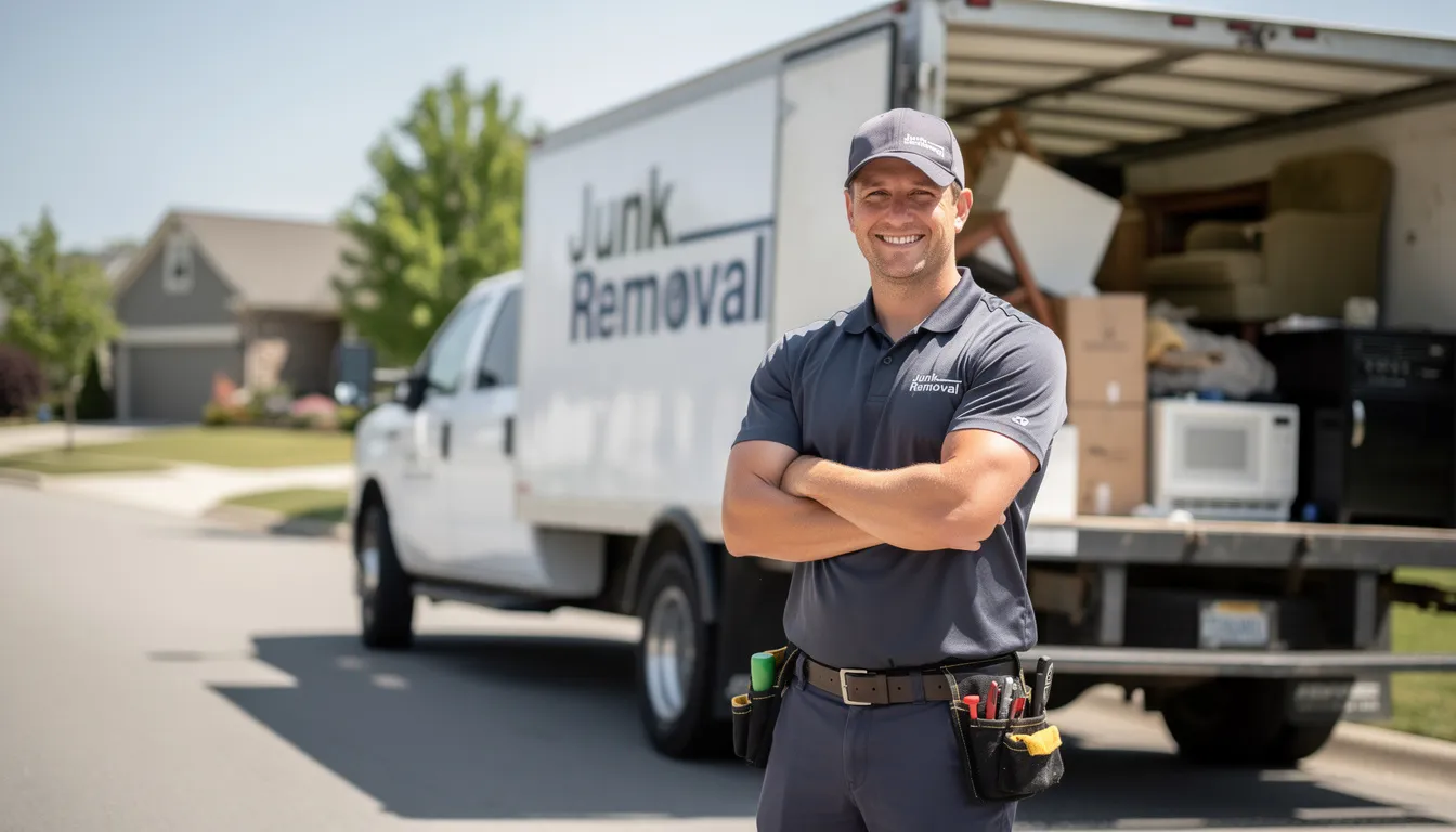 A smiling professional junk removal crew member stands next to a fully loaded truck, showcasing their efficient junk removal services. The truck is filled with various unwanted items, demonstrating their commitment to helping clients reclaim valuable space while handling all the heavy lifting.