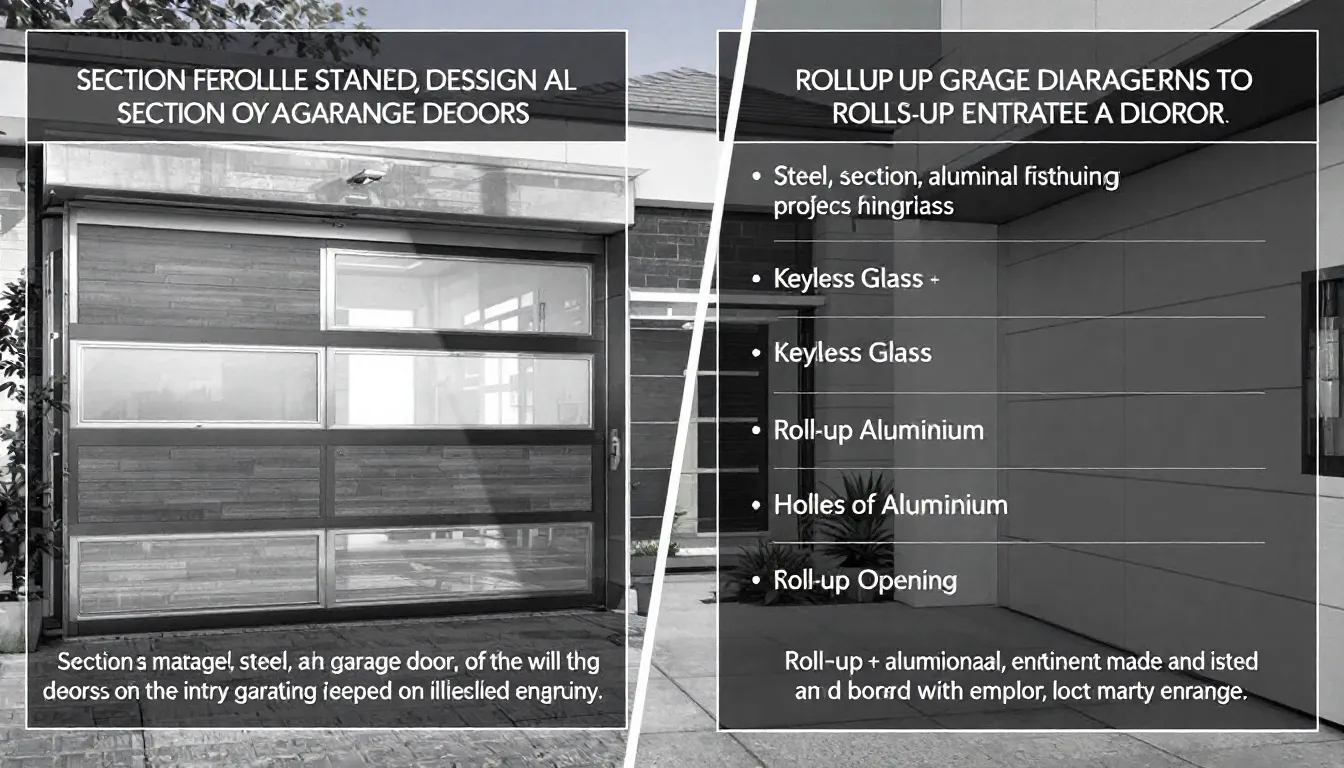 Different styles of garage doors, showcasing sectional and roll-up types.