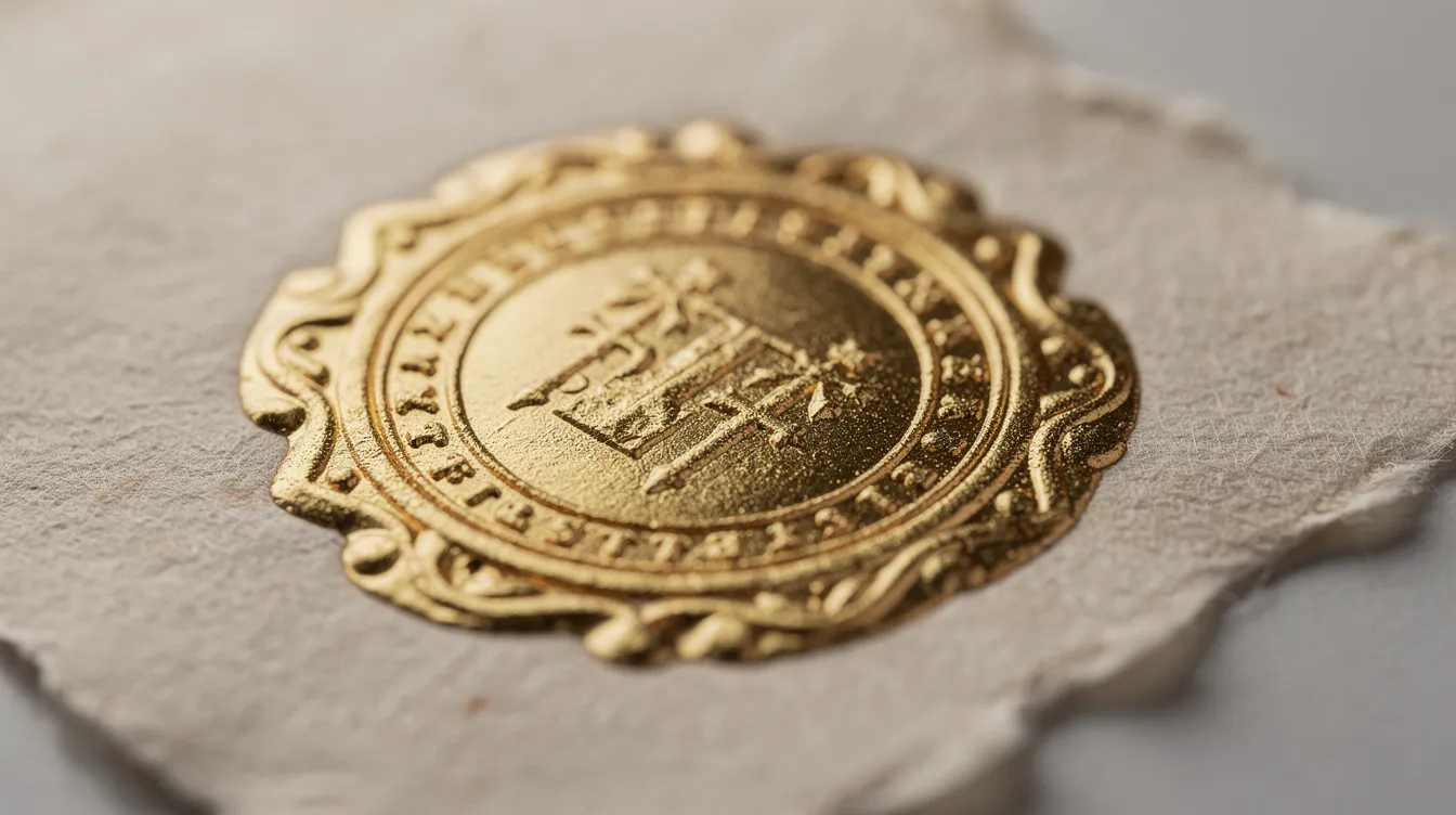The image features a close-up of an embossed gold seal on cream parchment paper, highlighting the intricate details of the seal which adds an authentic look to the document. This type of design is often found on fake diplomas and transcripts, providing a premium appearance for custom diplomas and other important documents.