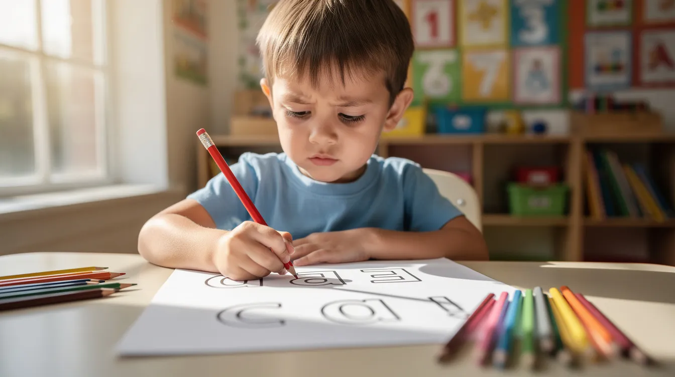 A young child is focused on tracing letters with colorful pencils on paper in a bright classroom, illustrating the importance of literacy skills and phonemic awareness in early education. This scene highlights the child's engagement in reading instruction, an essential part of language acquisition and child development.