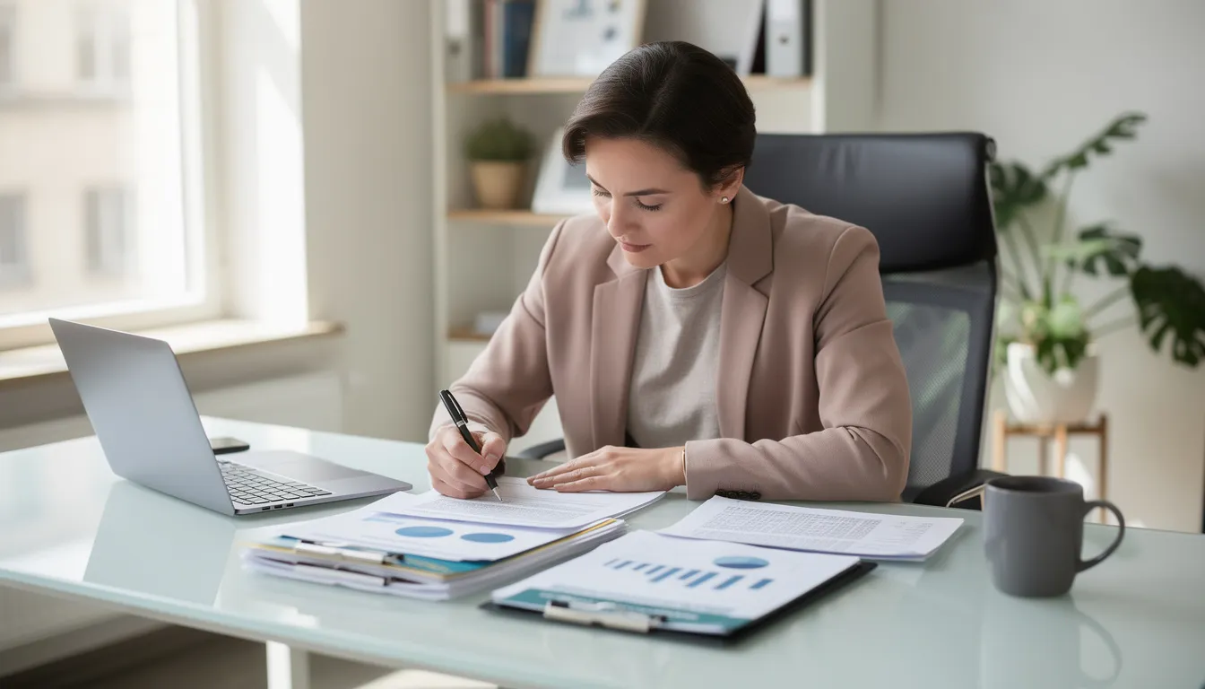 The image shows a person seated at a desk, intently reviewing a stack of documents, possibly related to a medical malpractice case. The setting suggests a legal environment, where medical professionals' records and potential medical malpractice claims are being analyzed for future legal proceedings.
