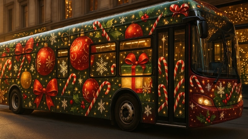 A bus wrapped in full coverage vinyl film