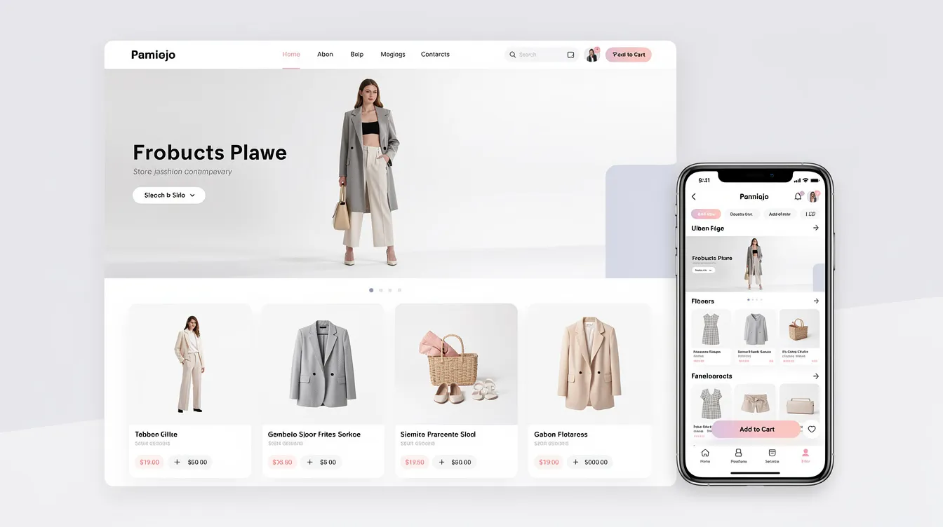 The image showcases a modern fashion storefront layout featuring clean product photography, designed for an online store experience. It highlights a user-friendly mobile shopping interface that emphasizes customer satisfaction and a seamless checkout process, ideal for potential buyers in the beauty and accessories brands.