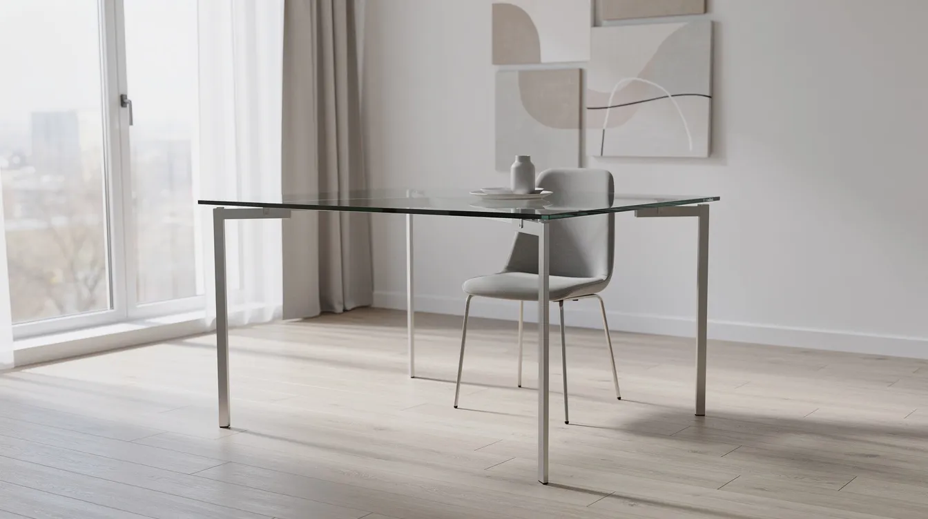 Ett litet matbord med glasskiva och smala metallben står i en ljus modern lägenhet, vilket ger en stilren och praktisk matplats för personer som bor i mindre utrymmen. Bordet har en rund form och passar perfekt för både kök och vardagsrum.