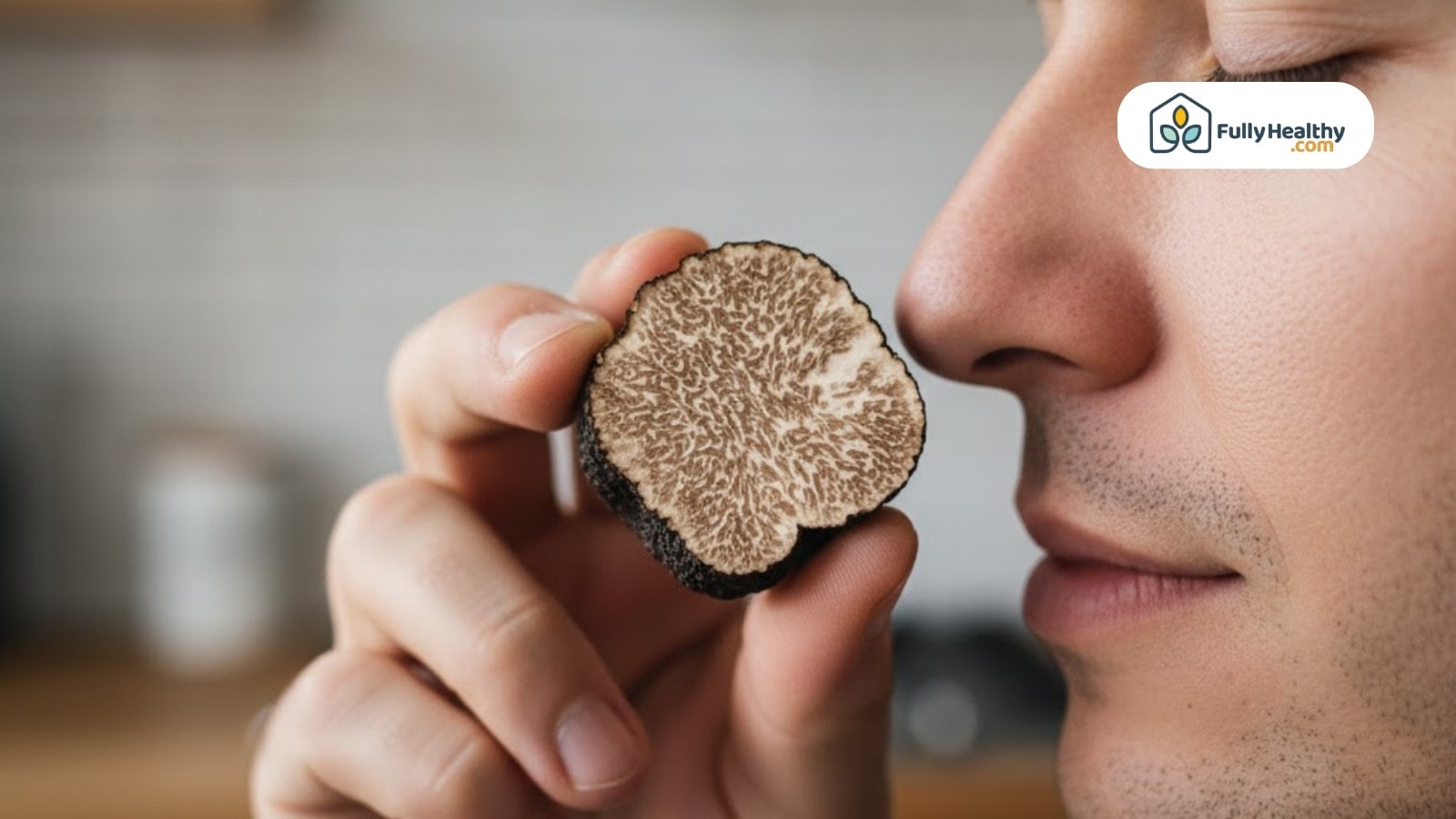 Person smelling freshly cut black truffle close to nose