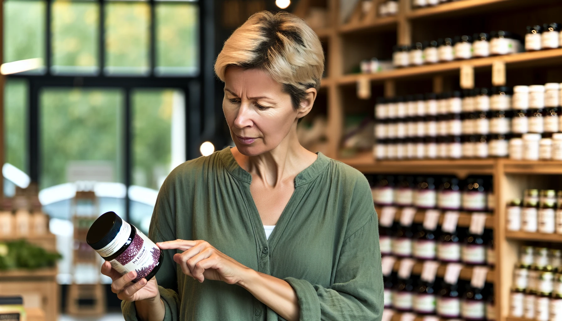 Woman reading label of elderberry product