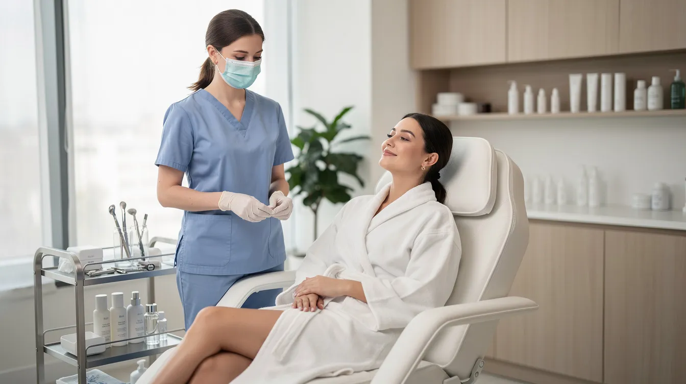 A woman is seated comfortably in a modern aesthetic clinic, where a medical professional is preparing for her radiesse treatment. The atmosphere is calm and professional, reflecting a focus on achieving a youthful appearance through collagen injections and tailored treatment plans.