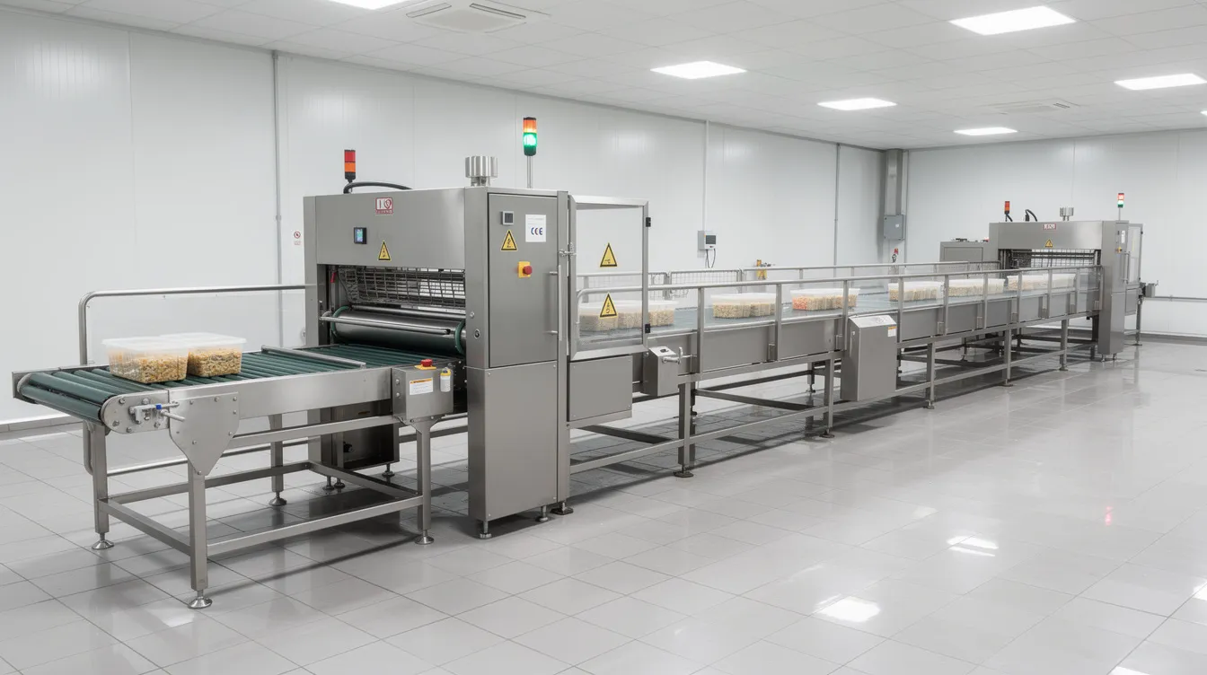 The image shows an industrial food processing machine with conveyor belts operating in a clean factory setting, highlighting the puffed rice manufacturing process. This facility is designed for efficient production, showcasing machinery that heats rice kernels and contributes to the growing demand for puffed rice snacks and breakfast cereals.