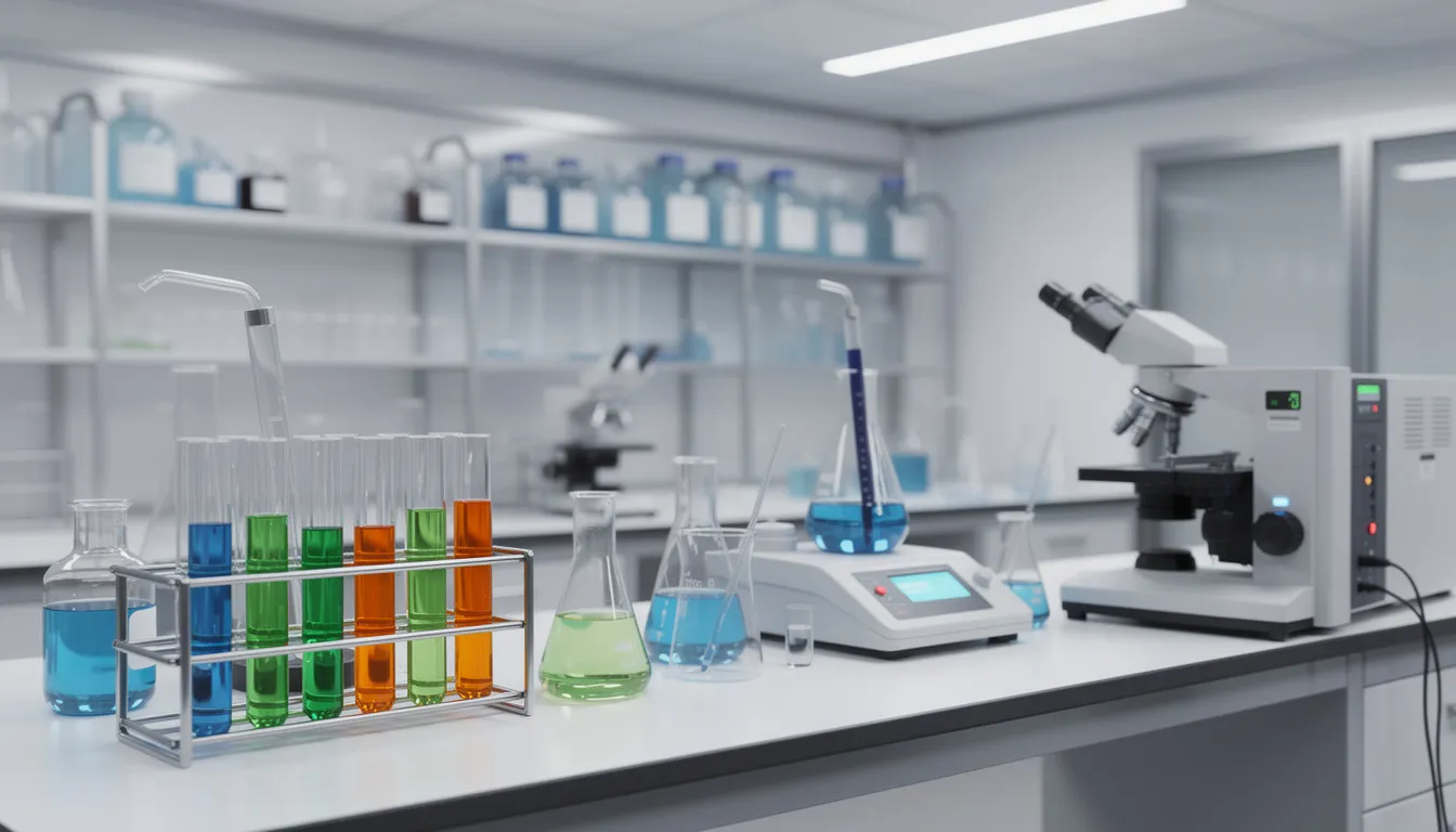 The image depicts a laboratory setting filled with various test tubes and scientific equipment, symbolizing ongoing research in fields such as nmn supplementation and its potential health benefits. The arrangement suggests a focus on clinical trials and studies related to insulin sensitivity and age-related diseases.