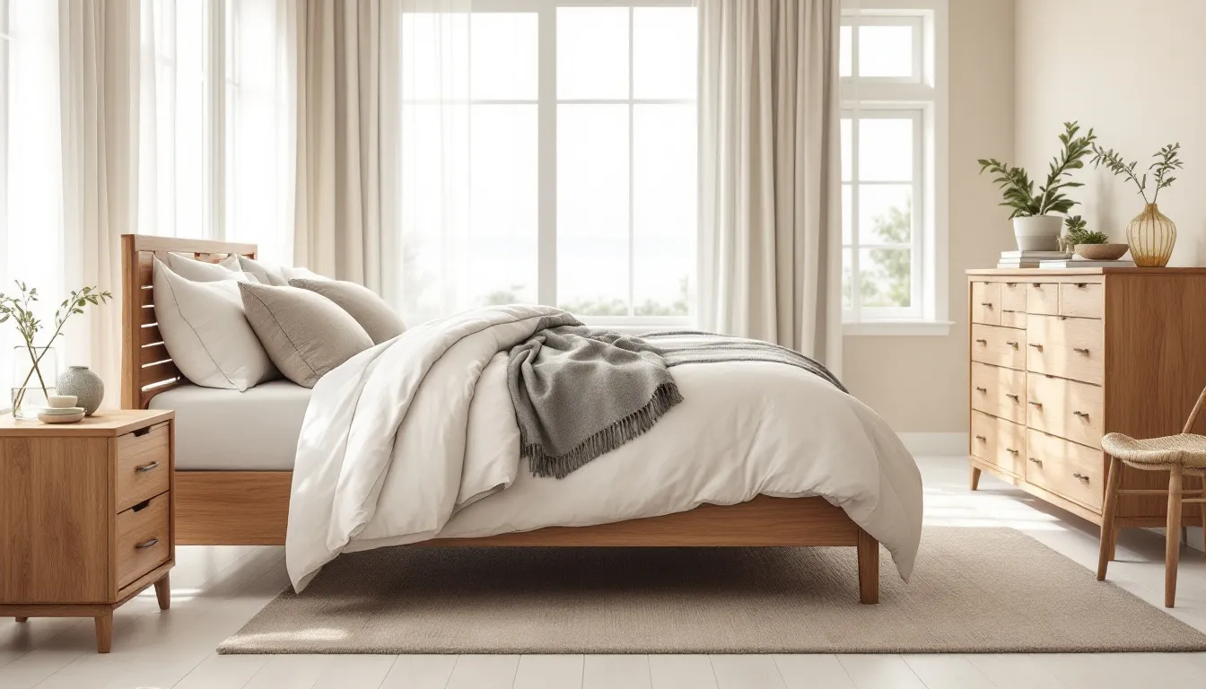 A bright coastal bedroom features layered neutral bedding, natural wood furniture, and large windows adorned with sheer curtains, allowing soft light to fill the space. The overall style evokes a relaxed summer vibe, perfect for creating a comfortable and inviting atmosphere.