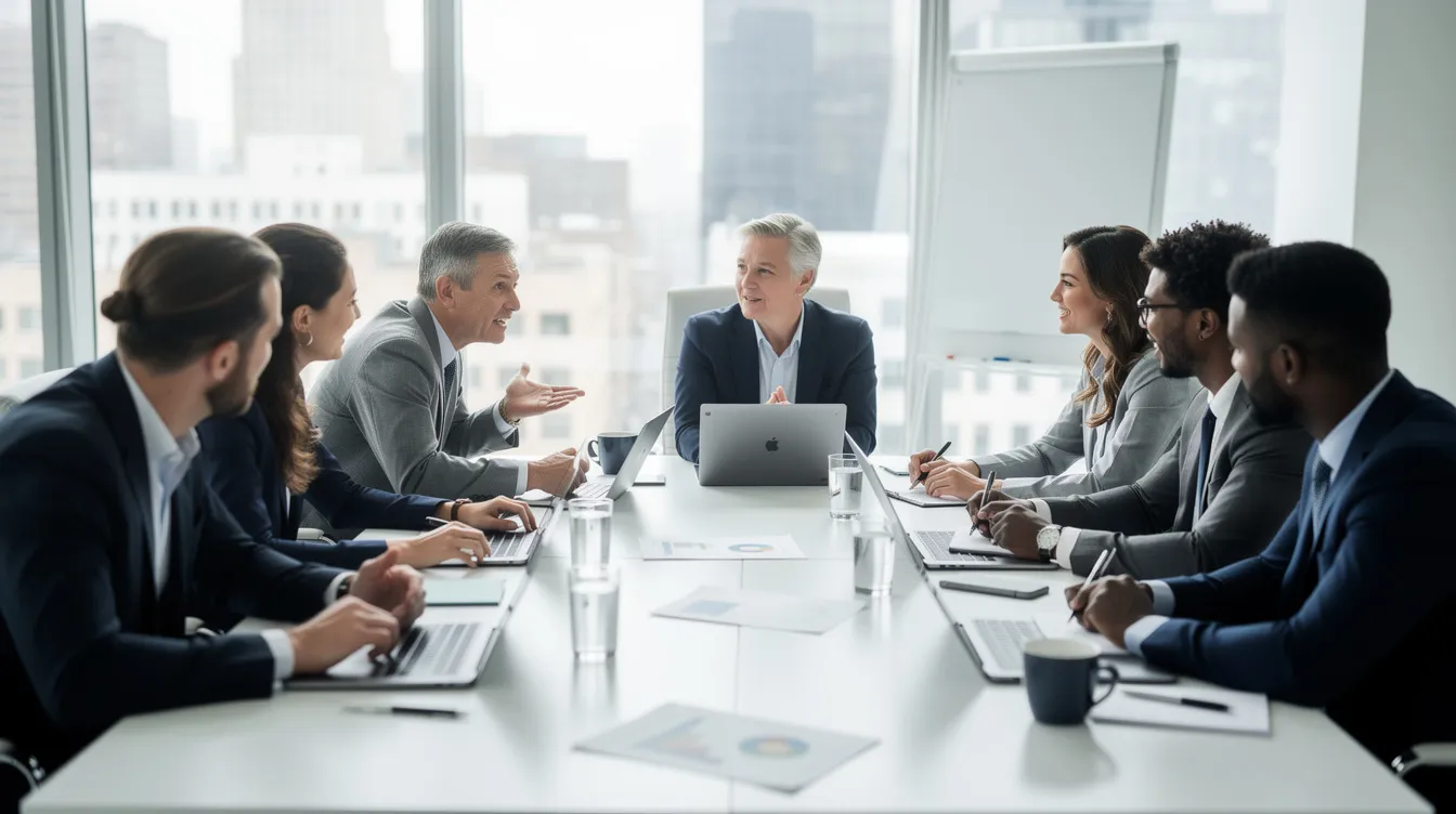 The image depicts a group of professionals engaged in a lively discussion around a conference table, showcasing various communication styles, including assertive and passive communication. Their body language and eye contact suggest active listening and a collaborative atmosphere, emphasizing the importance of effective communication in a professional setting.