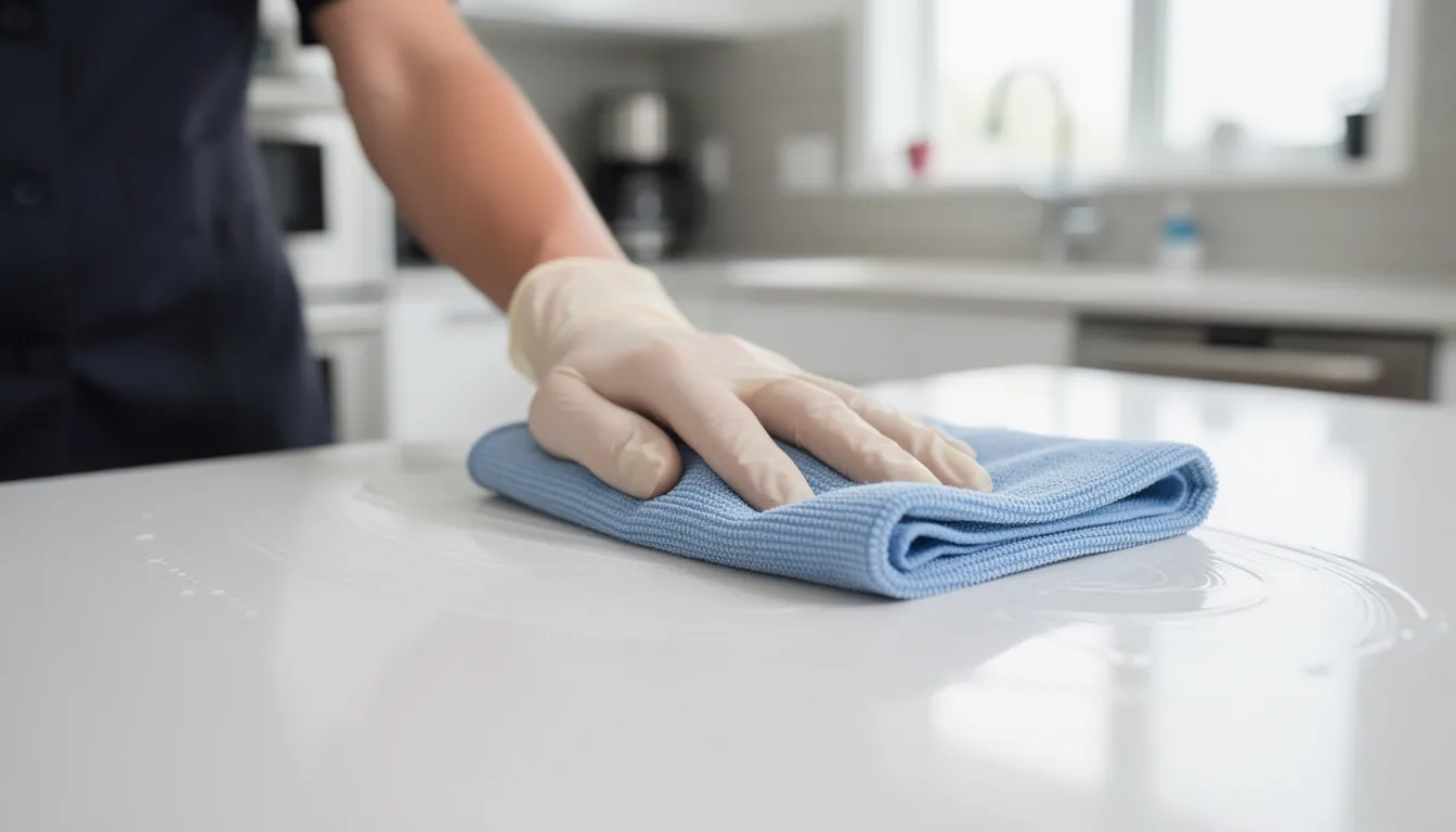 A professional cleaner is seen in close-up, diligently wiping down a kitchen countertop with a microfiber cloth, ensuring a thorough cleaning of overlooked areas. This image represents the high-quality professional cleaning services that promote a clean and healthy environment in homes.