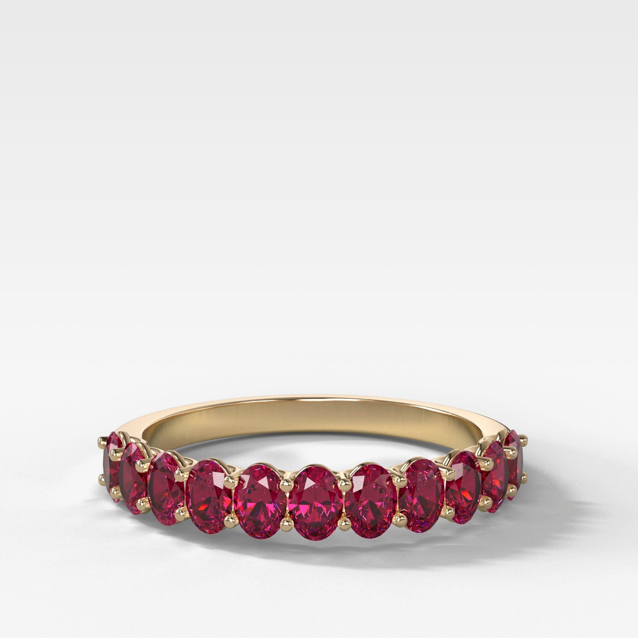 Petite Shared Prong Wedding Band with Red Ruby Oval Gemstones