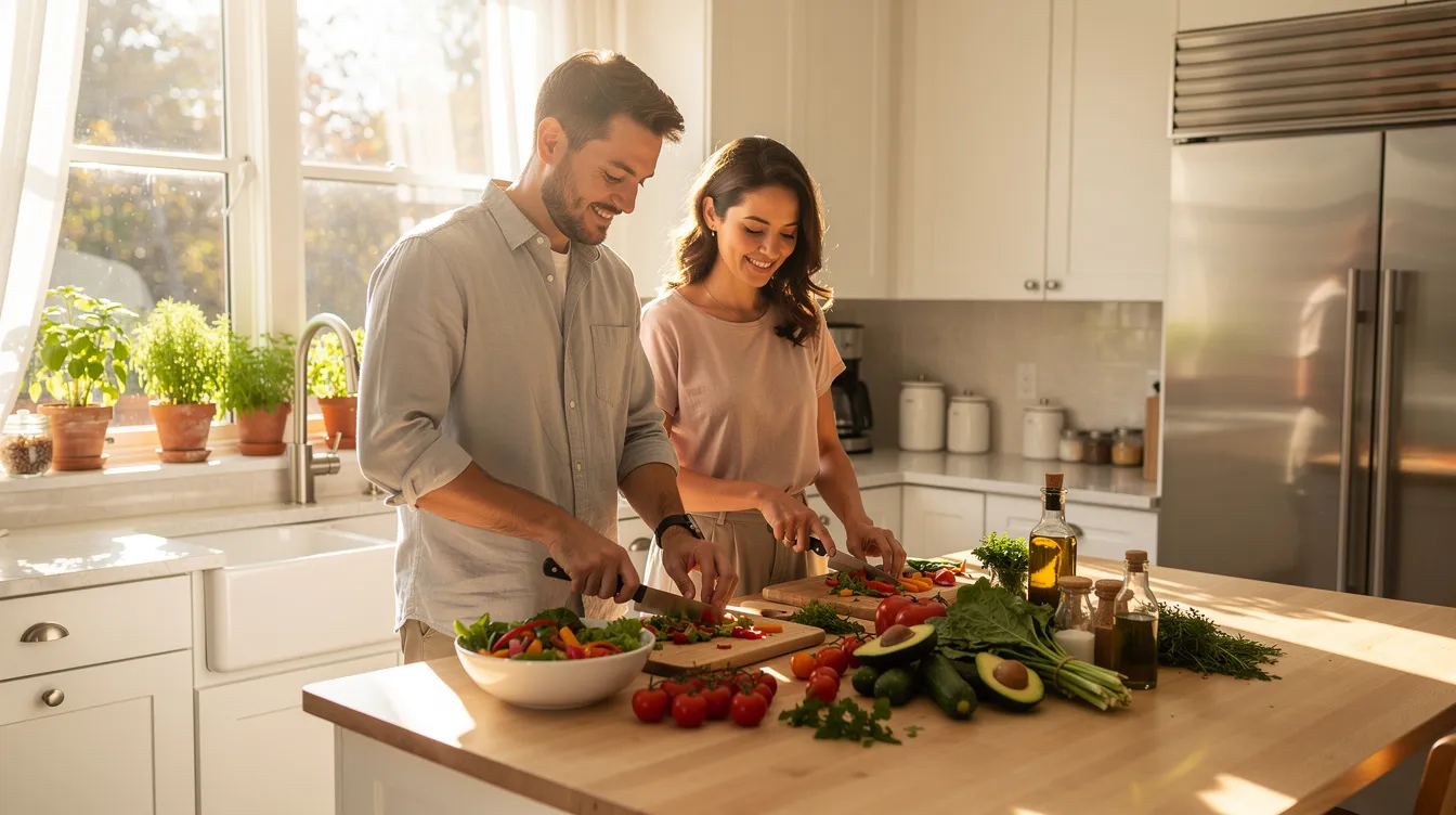 A serene couple is seen preparing a healthy meal together in a sunlit kitchen, surrounded by fresh ingredients that promote overall well-being. This scene reflects the health benefits of cooking together, which can enhance mental health and strengthen their relationship, potentially increasing sexual desire and satisfaction in their lives.