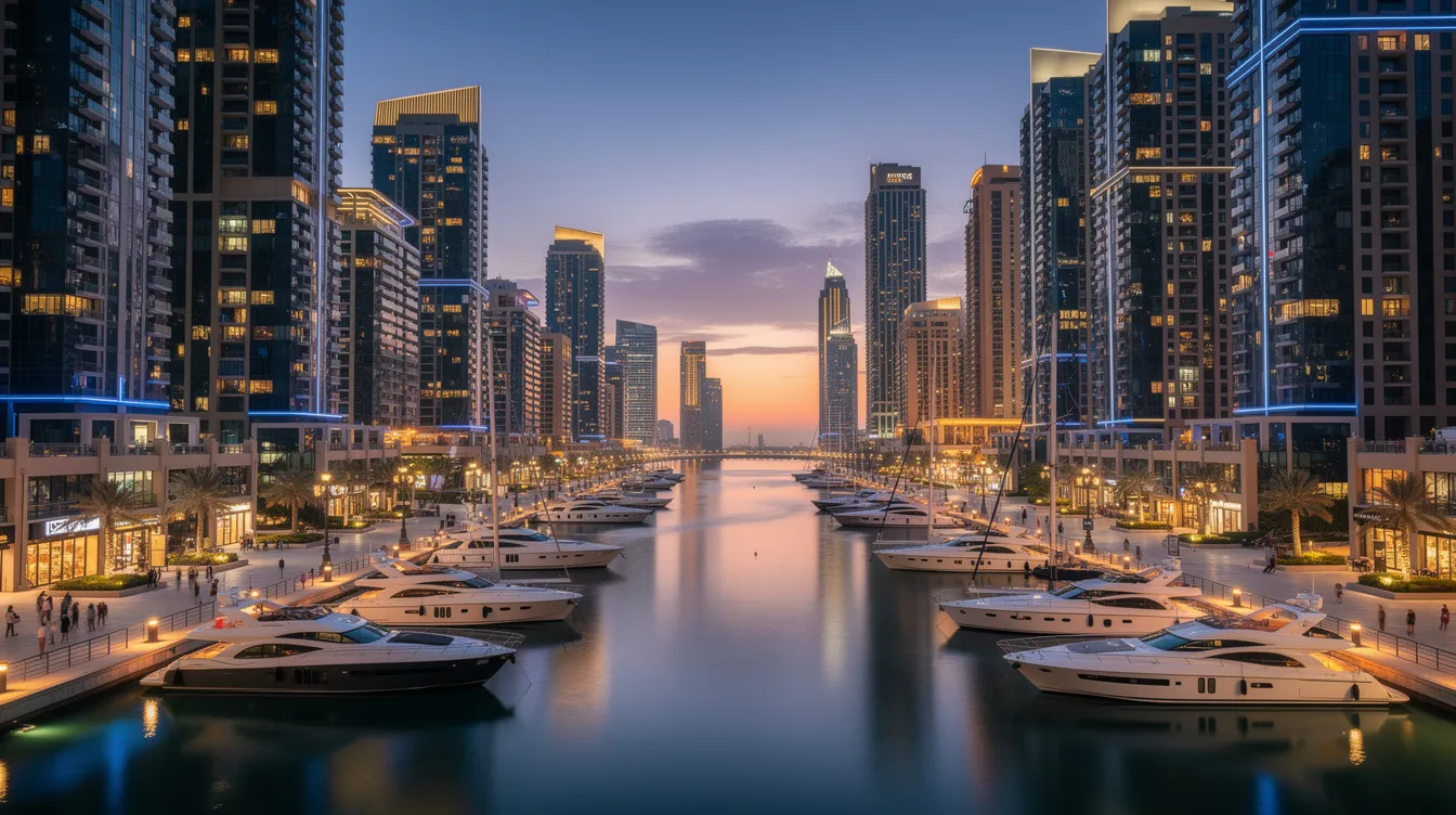 A panoramic view of the Dubai Marina showcases illuminated waterfront towers at dusk, with luxurious yachts moored along the serene canal. This vibrant scene reflects the lifestyle of Dubai, where residents can access reliable medical care and professional medical services, including doctor on call options, ensuring quality healthcare is always within reach.