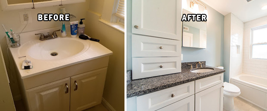 Before and after bathroom with white cabinets, toilet, and tub